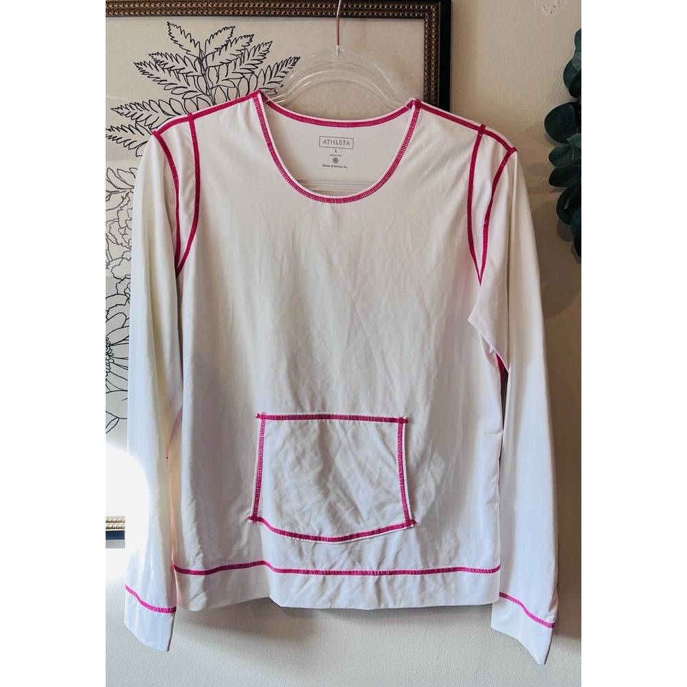Athleta White Pink Contrast Stitch Pullover Sweatshirt Quiet Luxury Athleisure L